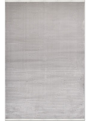 Rugzella Açık Gri Modern Geometrik Kabartma Desenli Kare Motifli Halı