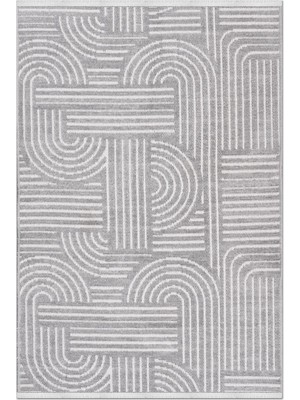 Rugzella Gri Krem Geometrik Kemer Desenli Modern Kabartmalı Dokuma Halı