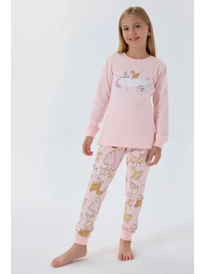 Queen Kids Kız Çocuk Kedili Pijama Takımı Açık Pembe