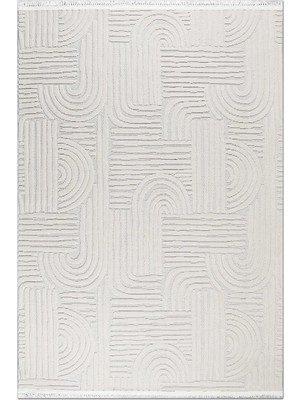 Rugzella Krem Modern Geometrik Kabartma Desenli Kemer Motifli Halı