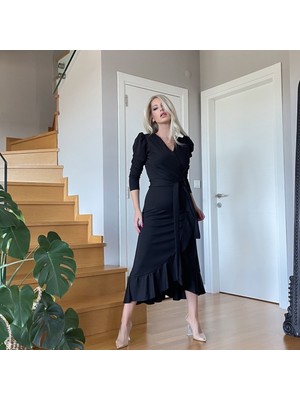 Modi Krep Kumaş Midi Boy Kuşaklı Uzunkol Elbise 113 cm