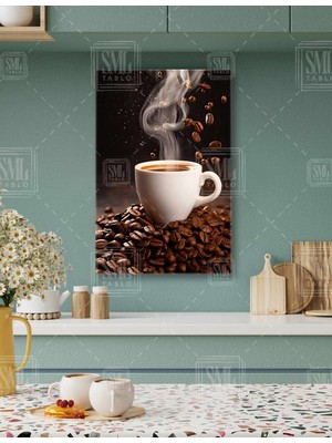 SML Tablo Kavrulmuş Kahve Çekirdeği Fincan Cafe Dekoru Dikey Kanvas Tablo