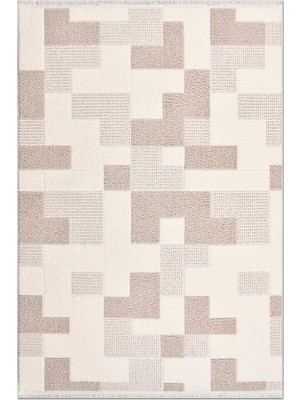 Rugzella Krem Bej Geometrik Kare Desenli Modern Püsküllü Halı