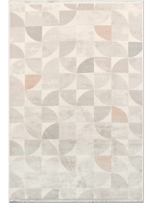 Rugzella Krem Bej Gri Geometrik Modern Yarım Ay Desenli Makine Dokuma Halı