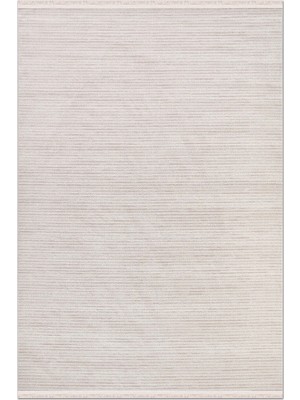 Rugzella Krem Bej Çizgili Modern Püsküllü Yumuşak Tonlu Salon Halısı Halı