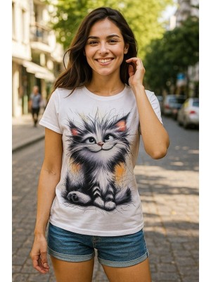 Modi Kadın Kısa Kollu Bisiklet Yaka Kedi Baskılı Süprem Bluz