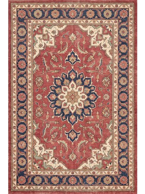 Rugzella Kırmızı Lacivert Eskitme Madalyon Desenli Klasik Vintage Yıkanabilir Halı