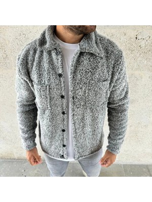Modi Erkek Pelüş Polar Hırka Gömlek – Yakalı, Ilik Düğmeli, Göğüs Cepli, Yumuşak Dokulu Kışlık Regular Fit Rahat Günlük Model - Gri