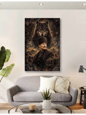 SML Tablo Atatürk Arkasında Bozkurt Başbuğ Türk ve Makam Arkası Dekor Dikey Kanvas Tablo
