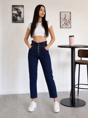 Blue Marlin Yüksek Bel Ön Düğme Kapamalı Beli Lastikli Kemer Büzgülü Mom Jeans Kadın Kot Pantolon