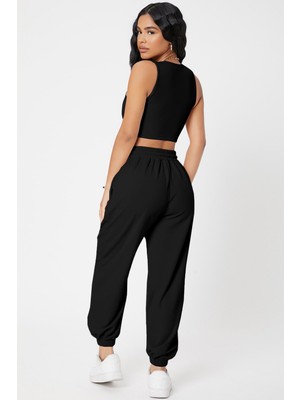 Modi Kadın Siyah Kaşkorse Cepli Jogger Eşofman Altı ve Crop Top Bluz