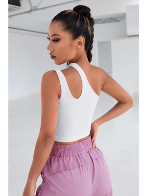 Modi Kadın Beyaz Tek Omuz Cut Out Detaylı Crop Top Bluz