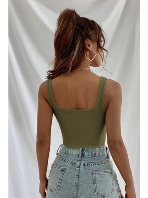 Modi Kadın Haki Yeşili Kalın Askılı Crop Top Büstiyer