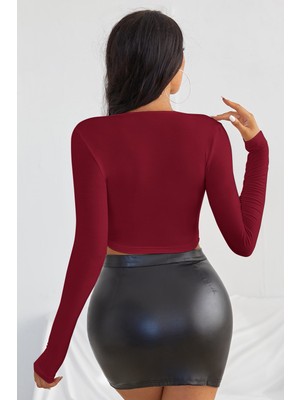 Modi Kadın Bordo Uzun Kol Kare Yaka Crop Top Bluz