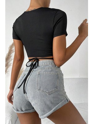 Modi Kadın Siyah Yarım Kol Çapraz Bağlamalı Crop Top Bluz