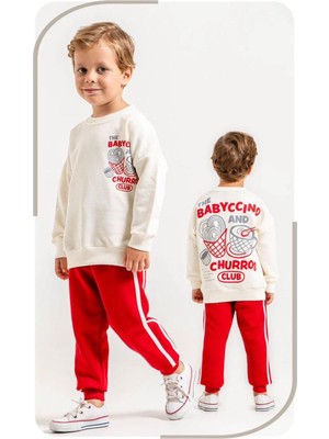 Cg Kids Churros Baskılı Sweatshirt & Eşofman Krem Kırmızı Alt Üst Takım 3 Iplik Süper Kalite