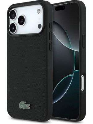 iPhone 18 Pro Max Kılıf Lacoste Lisanslı M-Safe Uyumlu Pu Pike Desenli Metal Logolu Kapak Siyah