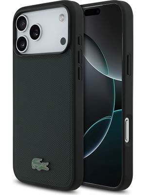 iPhone 18 Pro Max Kılıf Lacoste Lisanslı M-Safe Uyumlu Pu Pike Desenli Metal Logolu Kapak Koyu Yeşil