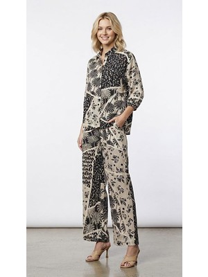 Gizzey 21516 Bej Siyah Tropikal Desen Patchwork Truvakar Kol Pantolon Takım