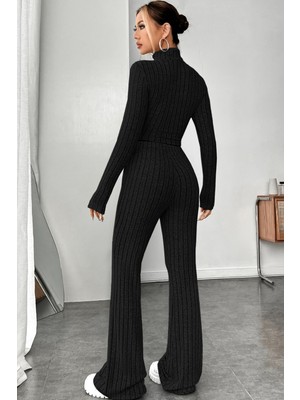 Modi Kadın Siyah Boğazlı Crop Top ve Yüksek Bel Eşofman Takımı Spor Şık Kombin