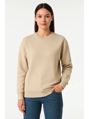 Modi Üç Iplik Düz Bisiklet Yaka Sweatshirt - Bej