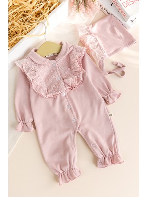 Babymod Güpürlü Şapkalı Bebe Yakalı 100% Pamuk Kız Bebek Tulum
