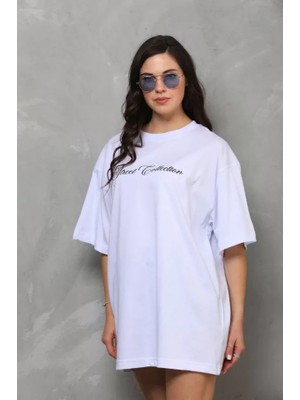 Modi Unisex Bisiklet Yaka Baskılı Oversize T-Shirt - Beyaz