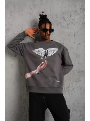 Modi Erkek Güvercin Baskılı Sweatshirt - Gri