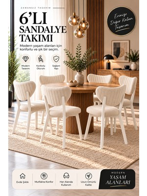 Formet Luxury Sandalye Krem Kumaş Beyaz Ayak 6 Adet
