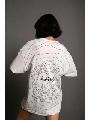 Modi Bisiklet Yakalı Sırt Baskılı Oversize T-Shirt - Beyaz
