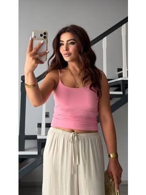 Elisin Pembe Ince Askılı Polyamid Atlet