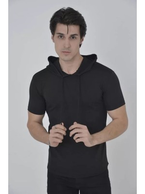Modi Erkek Kapşonlu Slim Fit T-Shirt - Siyah