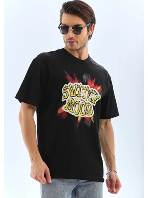 Modi Unisex Oversize Baskılı Bisiklet Yaka T-Shirt - Siyah