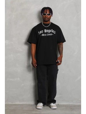 Modi Unisex Oversize Baskılı Bisiklet Yaka T-Shirt - Siyah
