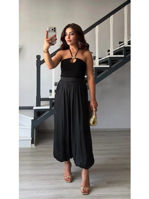 Elisin Siyah Paça Lastikli Saten Pantolon