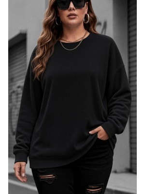 Oksit Uly Kadın Büyük Beden Battal Basic Bisiklet Yaka Iki Iplik Pamuklu Sweatshirt Rahat Kesim Unisex Sevgili Kombini
