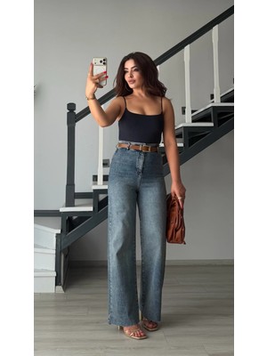 Elisin Mavi Yıkamalı Kemerli Likralı Straight Jean