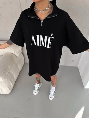Modi Unisex Yarım Fermuarlı Baskılı T-Shirt - Siyah