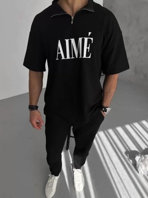 Modi Unisex Yarım Fermuarlı Baskılı T-Shirt - Siyah
