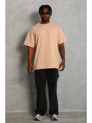 Modi Unisex Oversize Düz Bisiklet Yaka T-Shirt - Bej