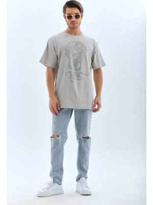 Modi Unisex Oversize Taşlı Bisiklet Yaka T-Shirt - Gri