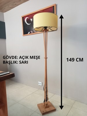 Balsa Dekor Açık Meşe Ahşap Lambader-Köşe Lambası Sarı Başlık-Anahtarlı Kablo