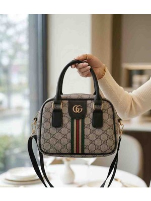 Salmore Kadın Gri Monogram Desenli, Şerit Detaylı El ve Omuz Çantası