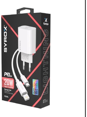 Syrox PD20L Şarj Aleti 3.0A PD20W Type-C To Lightning Kablo Set Beyaz