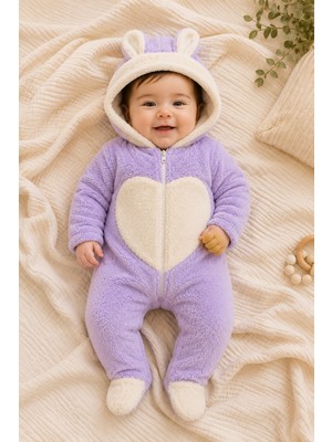 Beniizle Bebek Welsoft Peluş Kapüşonlu Kalpli Kulaklı Fermuarlı Kışlık Tulum