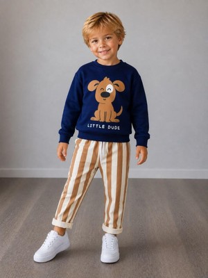 Cg Kids Köpek Baskılı Sweatshirt ve Çizgili Pantolonlu Erkek Çocuk Alt Üst Takım -3ip Pamuklu Eşofman Takım