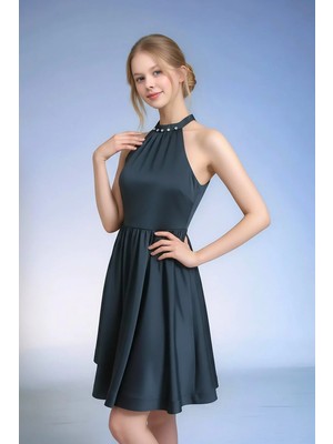 The Jojo Design Çocuk Abiye Saten Kumaş Halter Yaka Incili Kloş Elbise 13 14 15 Yaş Siyah Davet Mezuniyet Abiyesi