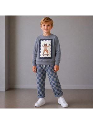 Cg Kids Kaykaycı Ayı Baskılı Sweatshirt ve Dama Desenli Pantolon 2iplik Erkek Çocuk Alt Üst Takım