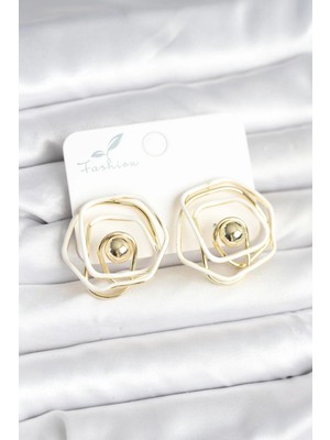 TeknoKapsül Pirinç Gold Renk Beyaz Mineli Geometrik Gül Model Kadın Küpe