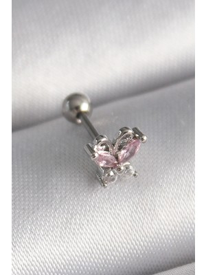 TeknoKapsül 316L Çelik Gümüş Renk Pembe Zirkon Taşlı Kelebek Tragus Piercing